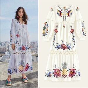 FARM RIO MACAW CROSS STITCH EMBROIDERED MAXI DRESS
